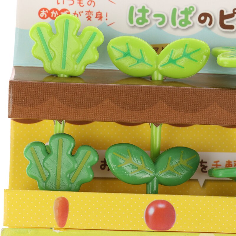 Fiambrera de decoración de plástico con hojas para niños, palillo de dientes, tenedor pequeño para ensalada, Mini palillos para pastel, 8 Uds.