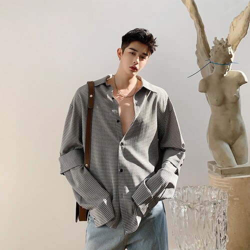 Koreanske plaidskjorter til mænd langærmet casual man bluse korea stil vintage streetwear løse skjorter: M