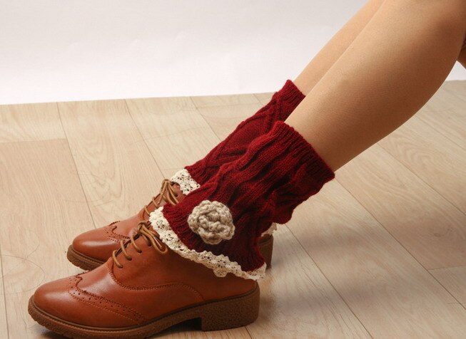Rose Lace Boot Cuffs knit boot topper lace trim faux legwarmers lace cuff shark tank leg warmers 5 colors 12 pair/lot#3990: burgundy