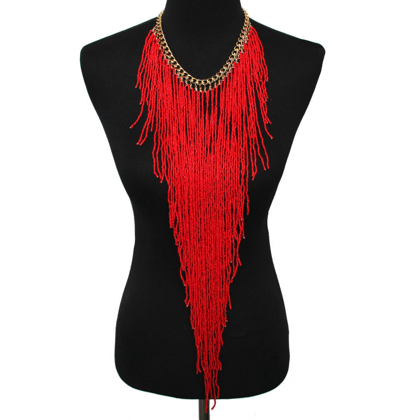 MANILAI Bohemian Style Women Charm Jewelry Resin Bead Handmade Long Tassel Statement Link Chain Choker Necklace: Red