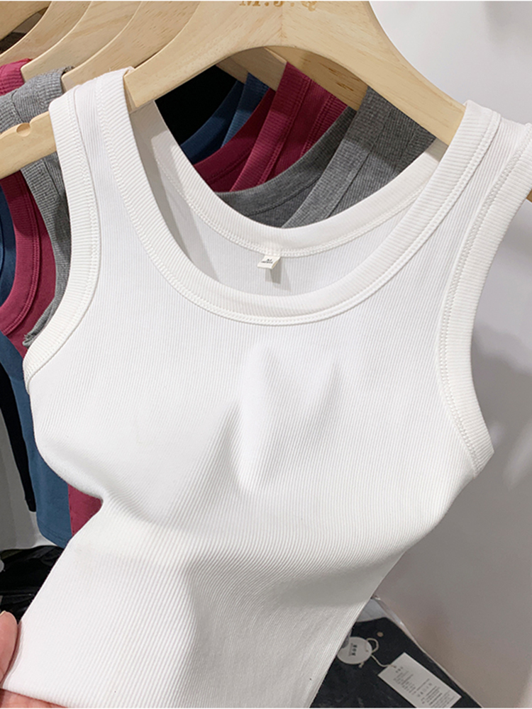 Sommer kvinder ærmeløse tanktoppe crop top o-hals fitness strikket ribbet vest dame ensfarvet camis cropped streetwear