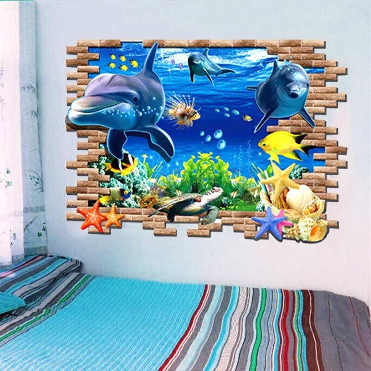 Pegatina de vinilo extraíble 3D de delfines del océano para pared, decoración del hogar de guardería para niños,