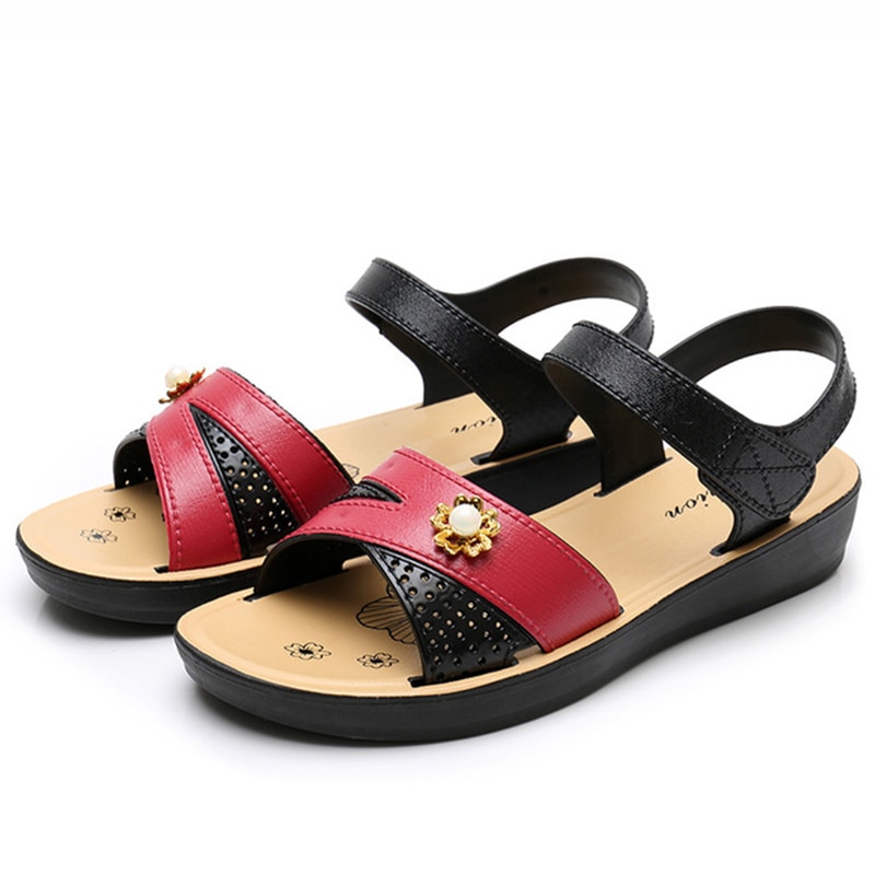 Women's Flats Sandals PU Leather Classic Hook Loop Shoes Woman Non Slip Soft Comfortable Ladies Sandals Summer Mother Footwear