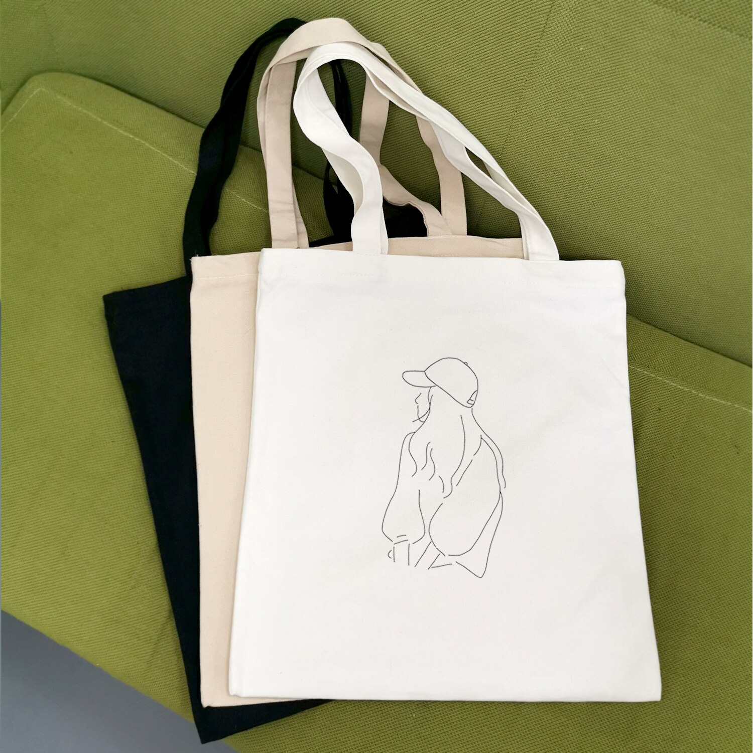 Handtassen voor jonge dames, stoffen canvas tas, reistas voor dames, eco-herbruikbare schoudertassen, schooltas, lijntekening, print