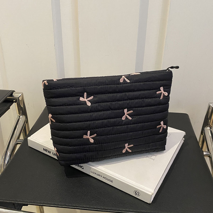 Cute Makeup Bag with Zipper Large Capacity Cosmetic Bag Embroidery Bow Wash Storage Bag: black