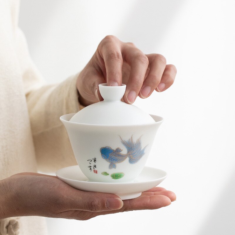 Deksel bolle te kopp hjemmestil keramisk hvittøy stor deksel bolle te bolle sau fett jade enkelt kung fu te sett gaiwan