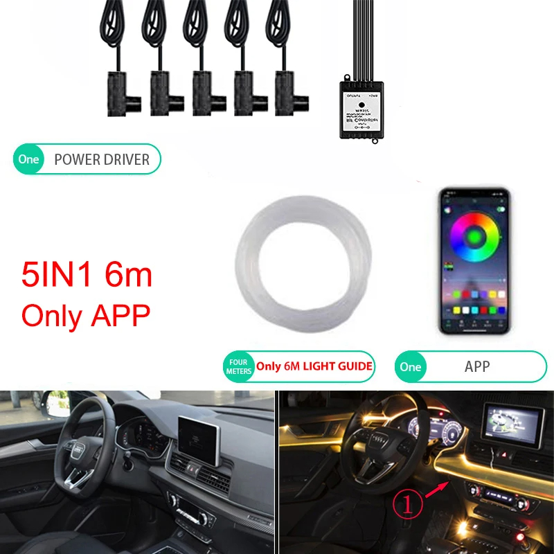 Iluminación LED ambiental de neón para coche, 6 en 1, 8m, RGB, tira de luz Interior de ambiente, Control por aplicación de fibra óptica, Lámpara decorativa LED automática: Marfíl / 8000 K blanco azul