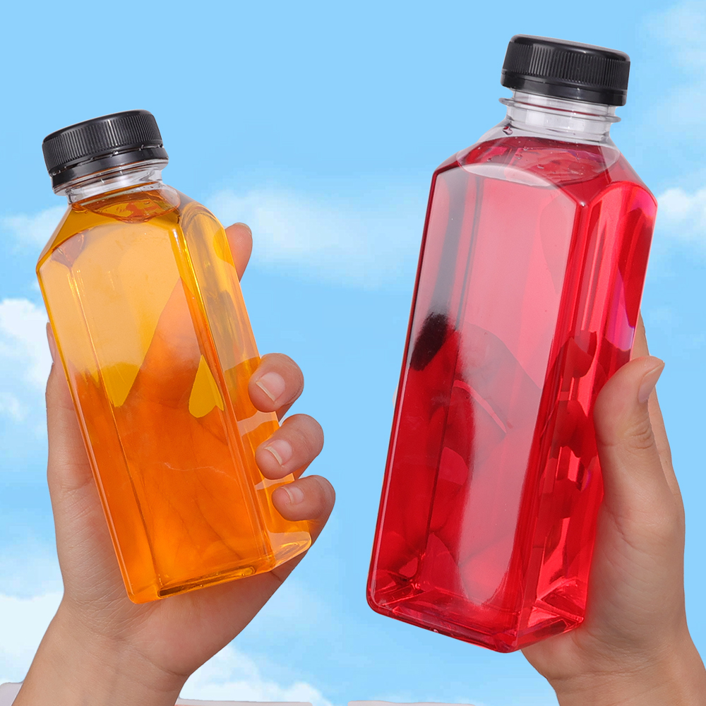 Leere Saftflaschen aus Kunststoff mit Kappen, Wasserflaschen, transparente Getränkebehälter in großen Mengen mit Deckel, Entsafter-Trinkmilch-Marmeladenbehälter