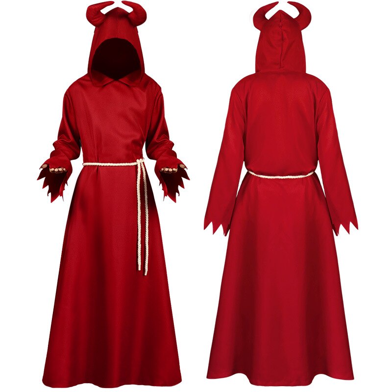 Halloween Grim Reaper Cosplay Mantel Kostuum Middeleeuwse Hooded Polyester Hooded Rode Hoorn Carnaval Cape