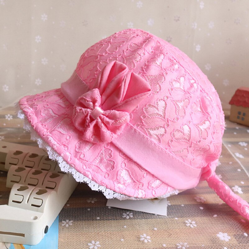 Spring summer cute baby princess hat with lace solid color lace baby child girl kids mesh bowl cap girl sun hat: rose red