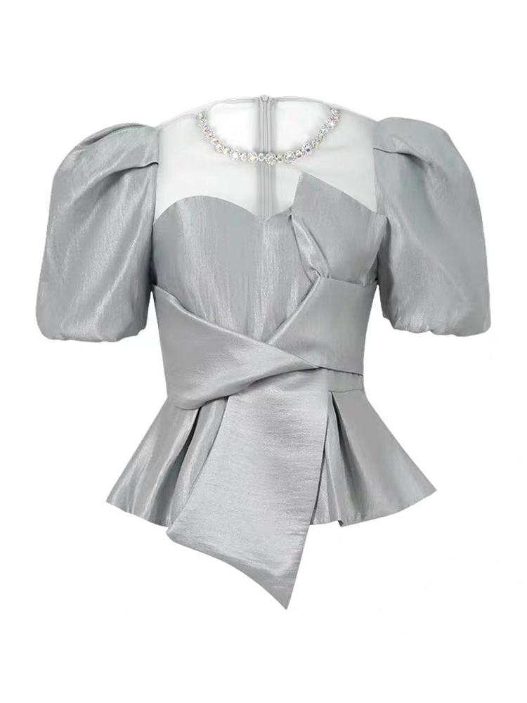 Blusa Sheer Mesh Splice para Mulheres, Manga Bubble, Camisa Bow, Elegante Tops de Cetim, Doce OL, Chique, Feminino, Festa, Roupas de Escritório