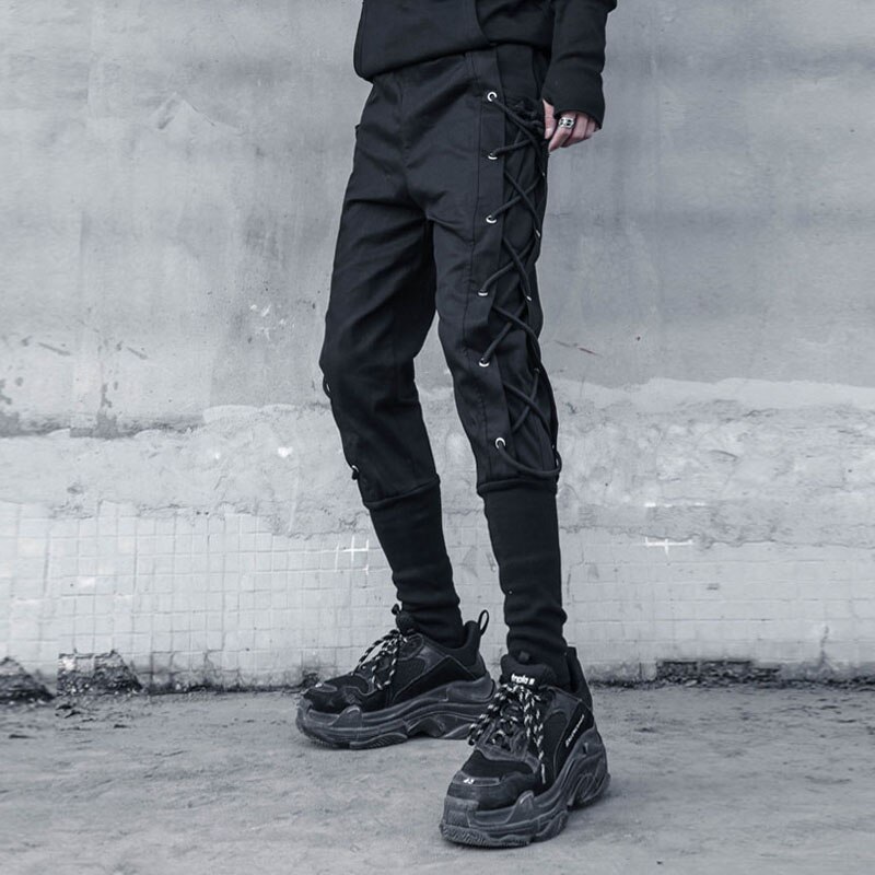 Pantalones de harén para hombre, ropa de calle gótica, Punk, Hip Hop, ajustados, con cordón