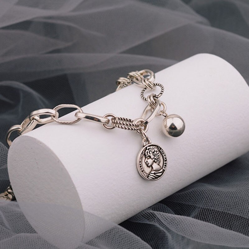 Mewanry 925 selo retrato pequeno redondo grânulo pulseira nova moda vintage punk festa jóias presentes para as mulheres por atacado