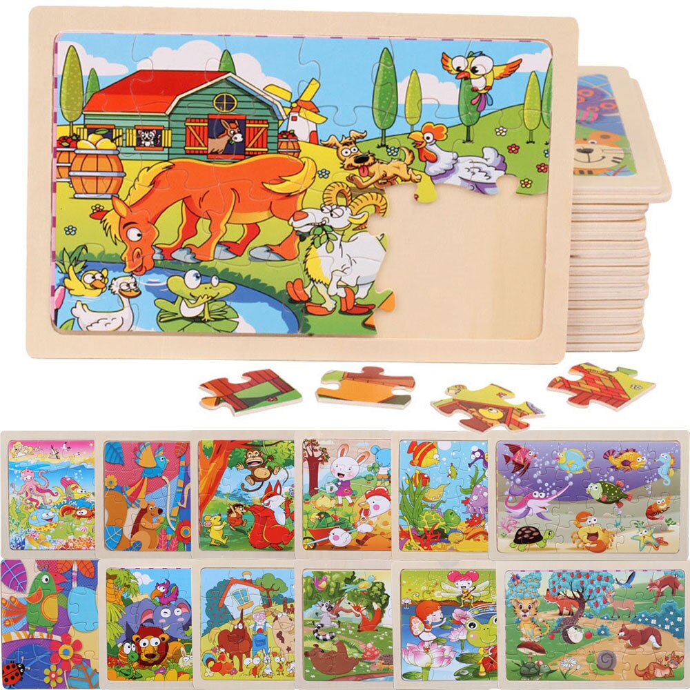 24Pieces Puzzles Wooden Jigsaw Puzzle for Kids Animals Cartoon Educational Toys for Children Christmas Wood Toy Games