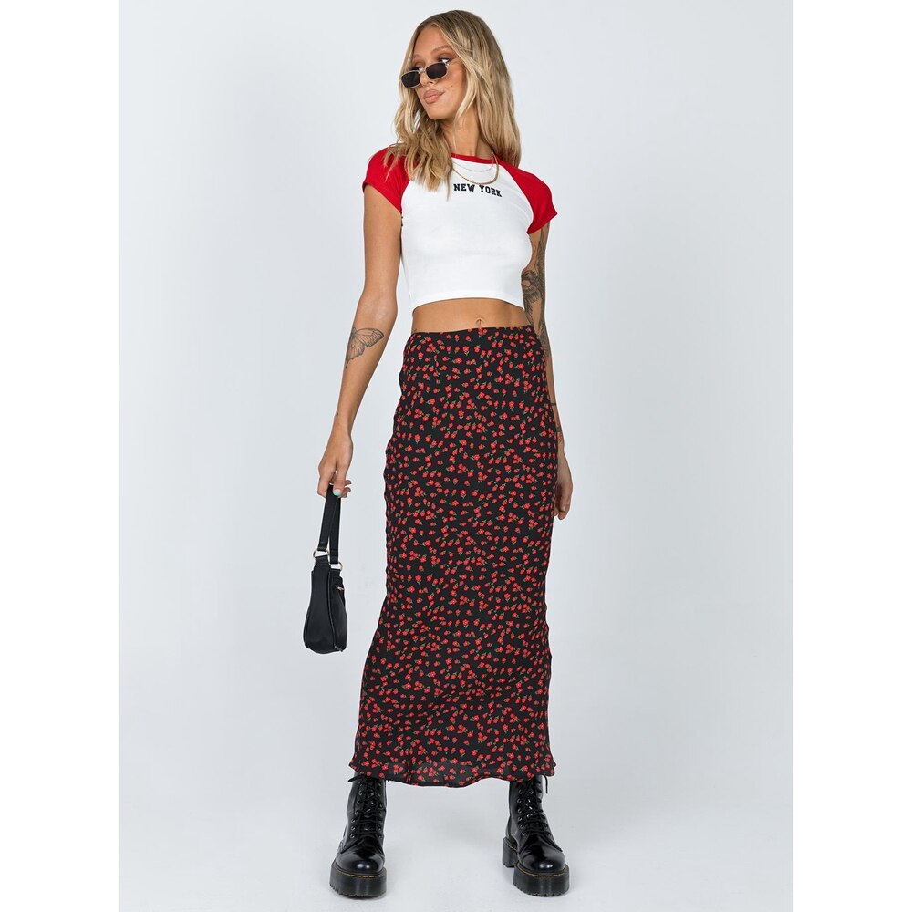 Vintage Women Maxi długa spódnica dla dorosłych z wysokim stanem Zebra-Stripe/kwiatowy nadruk niewidoczna spódnica z falbankami: Fuksja / L