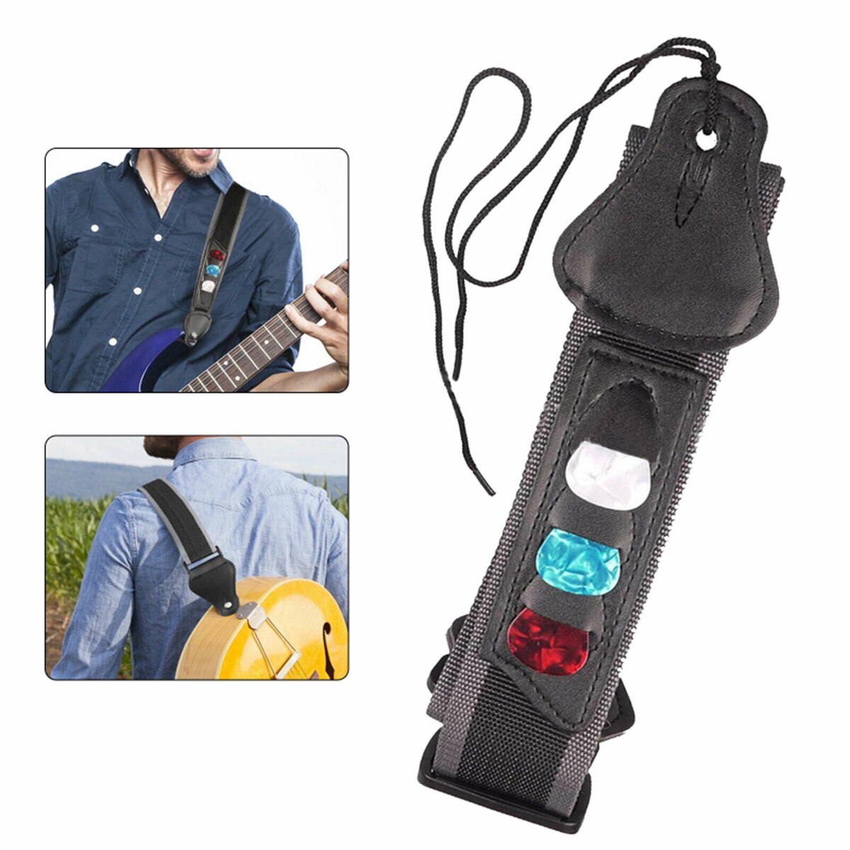Correia de guitarra elétrica ajustável com 3 suportes de palhetas de guitarra, extremidades de couro pu, guitarra acústica, baixo, acessórios de cinto