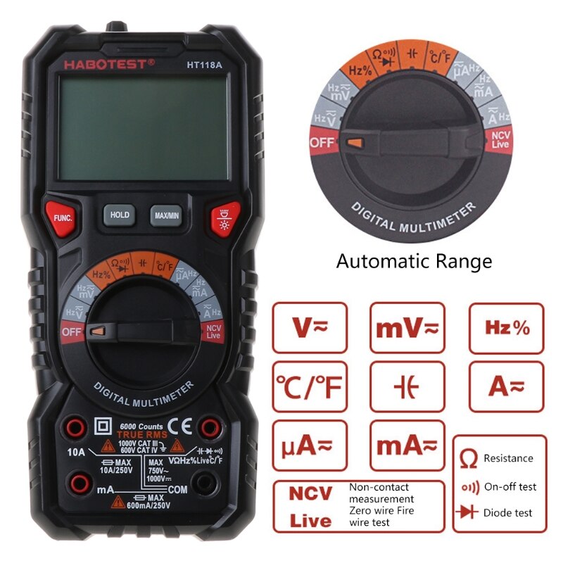 HT118 6000 Counts 1000V AC DC Digital Multimeter NCV Live C/F Duty Multimetro Voltage Meter