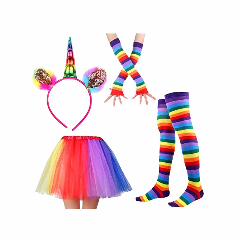 Jupe Tutu arc-en-ciel pour bébé fille et adulte, avec bandeau licorne, gants longs à rayures, chaussettes, accessoire de fête, jupes de spectacle pour enfants
