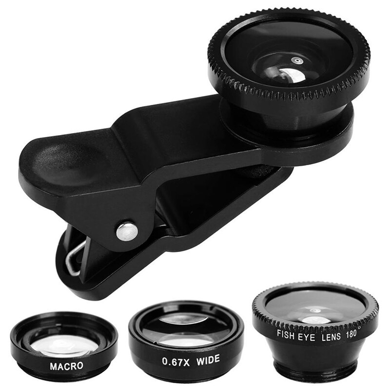 Universal 3 In1 Fisheye Wide Angle Macro Camera Lens Kit Clip On For Mobile Phone Lentes De Ojo De Pez For iPhone/Huawei/Samsung: Black