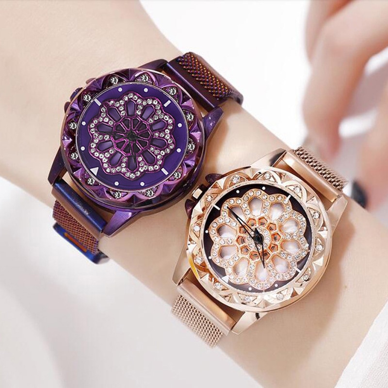 Kvinder armbåndsure kvinders roterende magnetiske heldige damer krystal kvarts armbåndsure reloj femenino