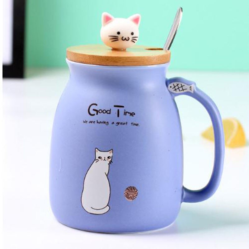 BAISPO-taza de gato con tapa, Taza de cerámica portátil, taza para café o leche, de oficina para niños, taza creativa con cuchara y tapa ecológica: purple
