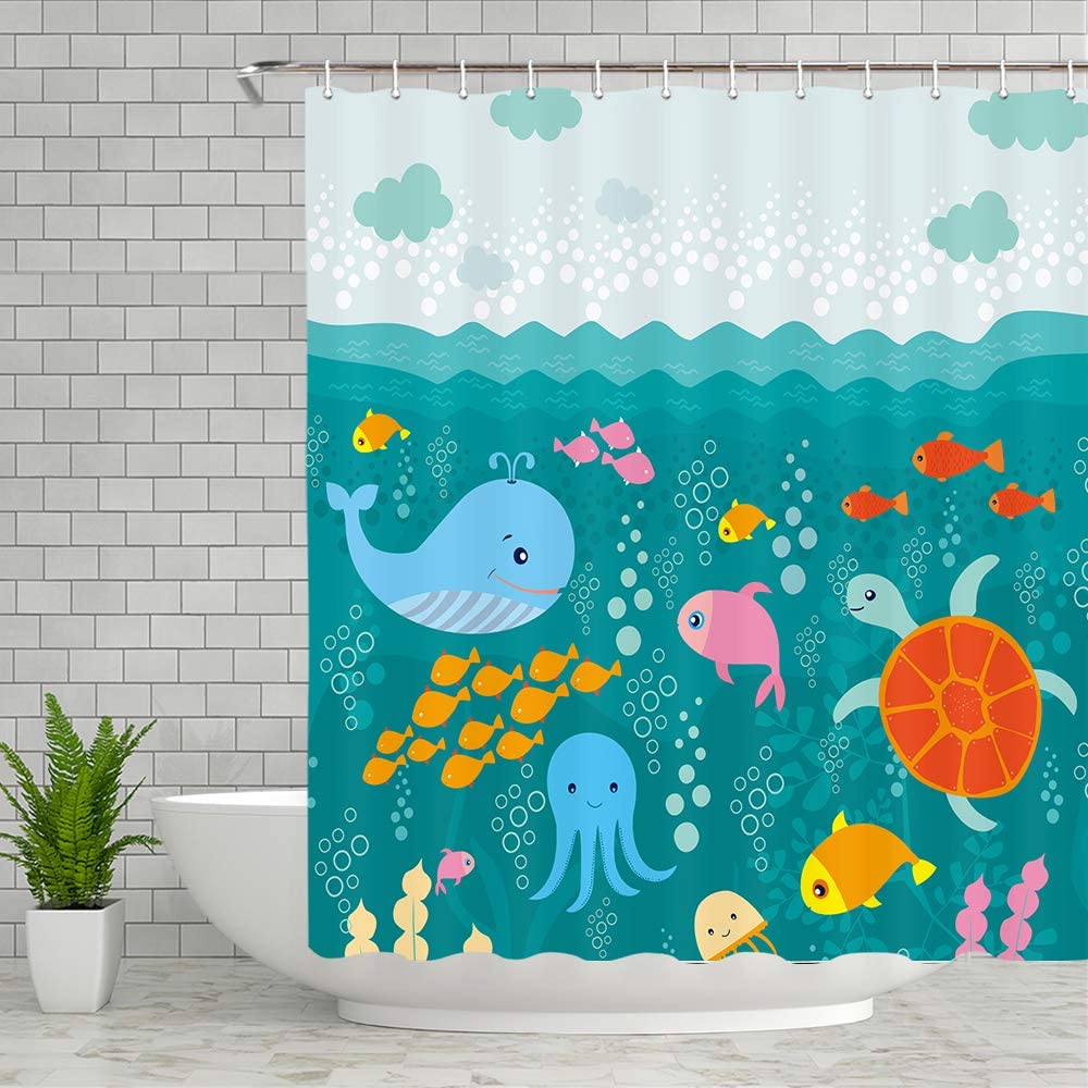 Tenda da doccia per bambini Teal Cartoon Cute Whale Turtle Fish tessuto blu con ganci tende da bagno impermeabili in poliestere per bagno: 120x180cm-47x70inch