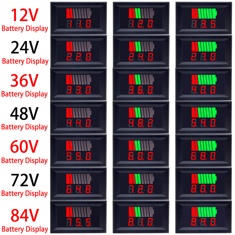 Car battery charge level indicator, , 12 v, 24 v, 36 v, 48 v, 60 v, 72 v,  lithium battery capacity meter, tester, display, led tester, voltmeter