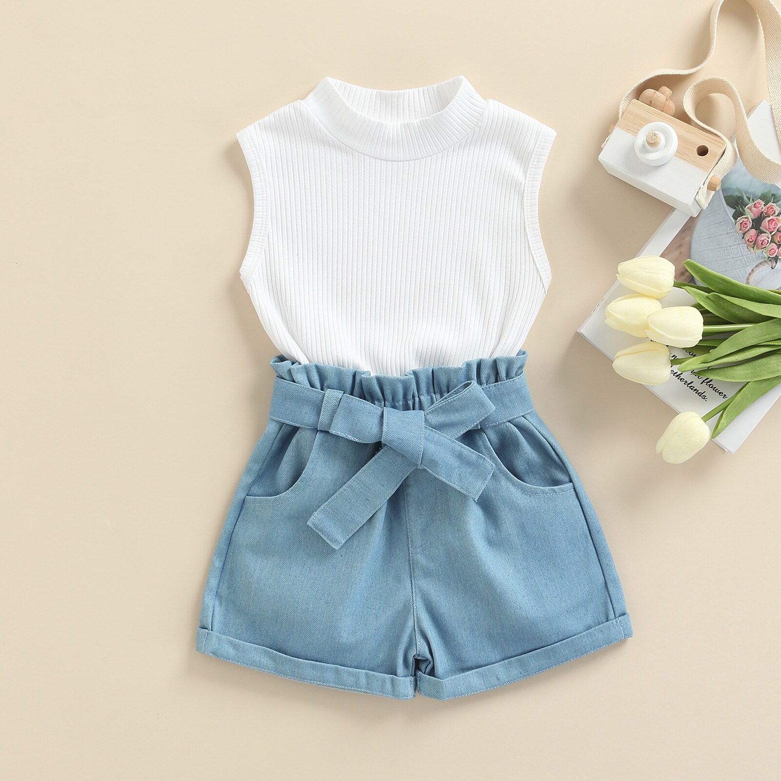 Peuter Baby Meisje Kleding Set Effen Kleur Mouwloze Geribbelde Gebreide Tops + Denim Shorts 2 Stuks Outfits Zomer Kid Kleding