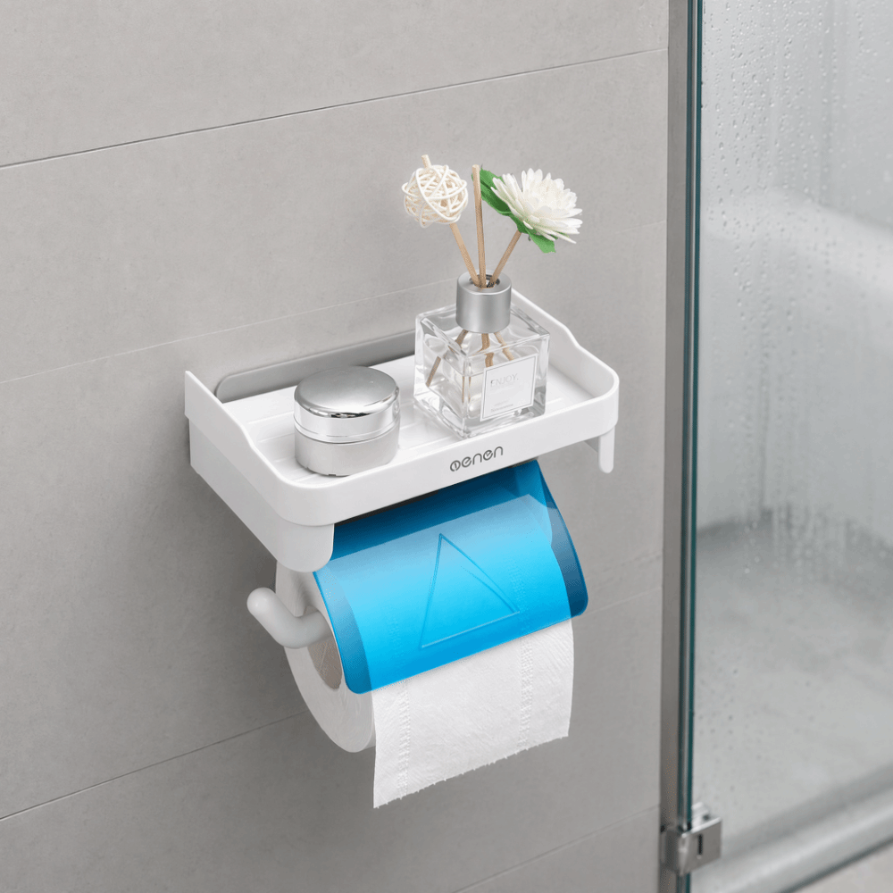 Plastic houder voor papieren handdoeken grijsblauw met plank Toiletrolhouder zonder perforatie Waterdichte tissue-dispenserplank