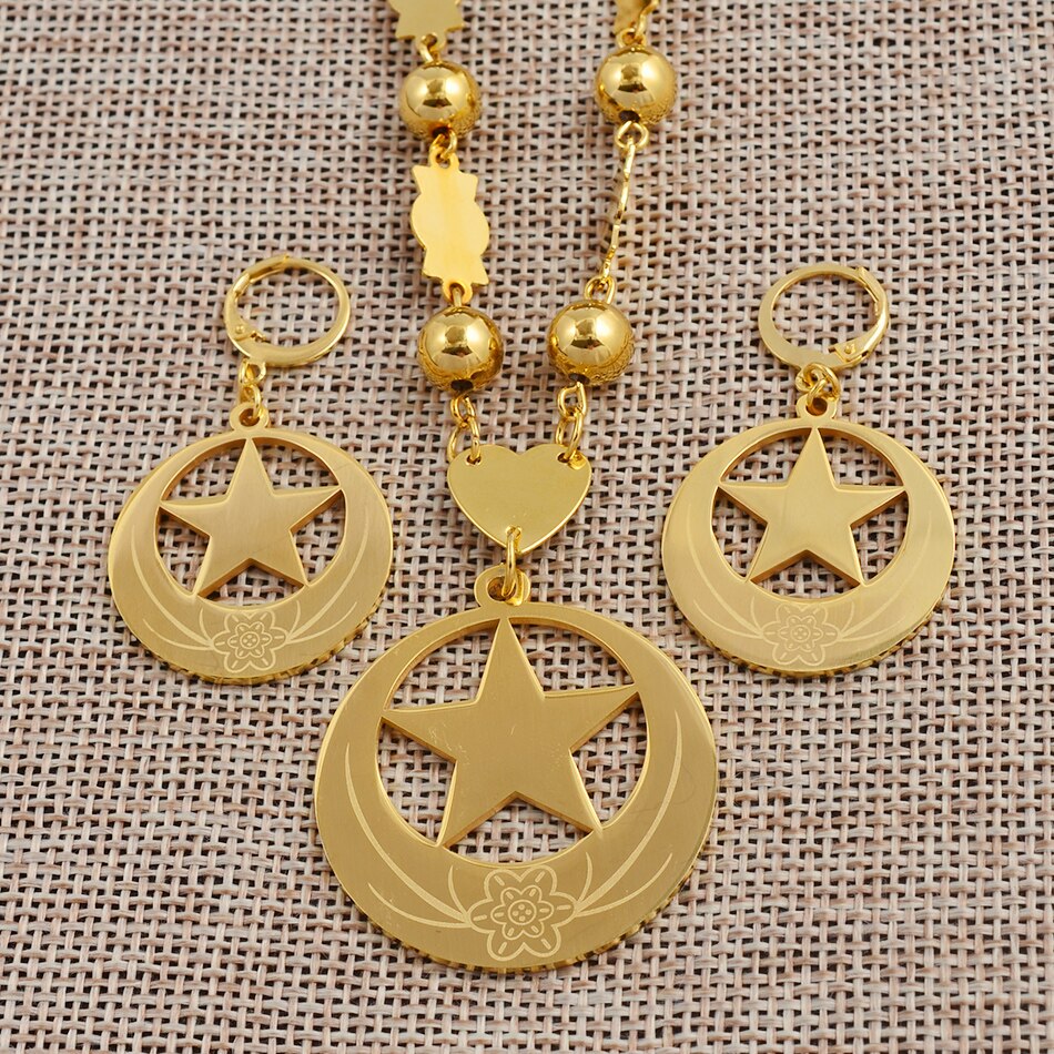 Anniyo Star and Flower Big Size Jewelry sets Bead Necklace Earrings Womens Gold Color Micronesia Guam Hawaii Marshalls #076721