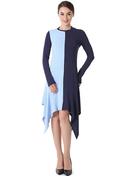 Spring Dress Round Neck Patchwork Color Women Casual Long Sleeve Irregular Slim Knitted Dress: XL