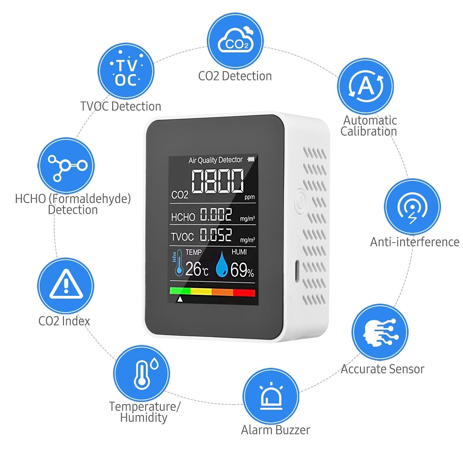 CO2 Meter 5in1 Formaldehyde HCHO TVOC Tester Co2 Sensor Air Monitor Indoor CO2 Detector LCD Temperature Humidity Tester