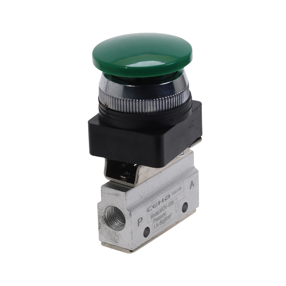 Mechanical Valve 1/8" PT Thread MOV-03APPL Momentary Three Way Two Position Green Mushroomhead Push Button Air Pneumatic Valve