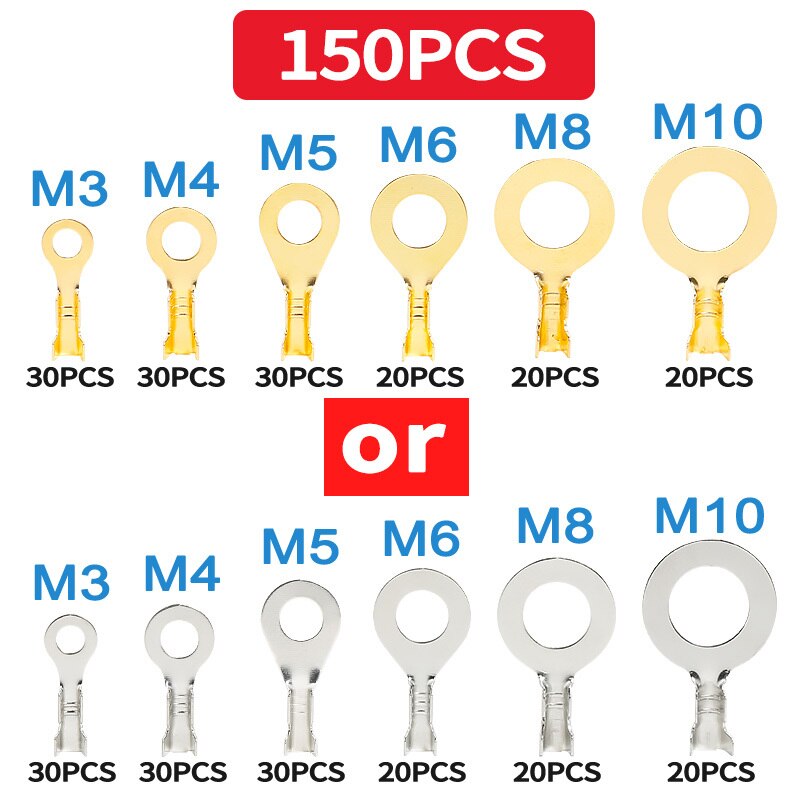 100PCS/lot M3 M4 M5 M6 M8 M10 Ring Lugs Terminals Gold Brass/Silver Non-insulated Crimp Termin Electrical Wire Connectors: In Total 150 PCS / Gold