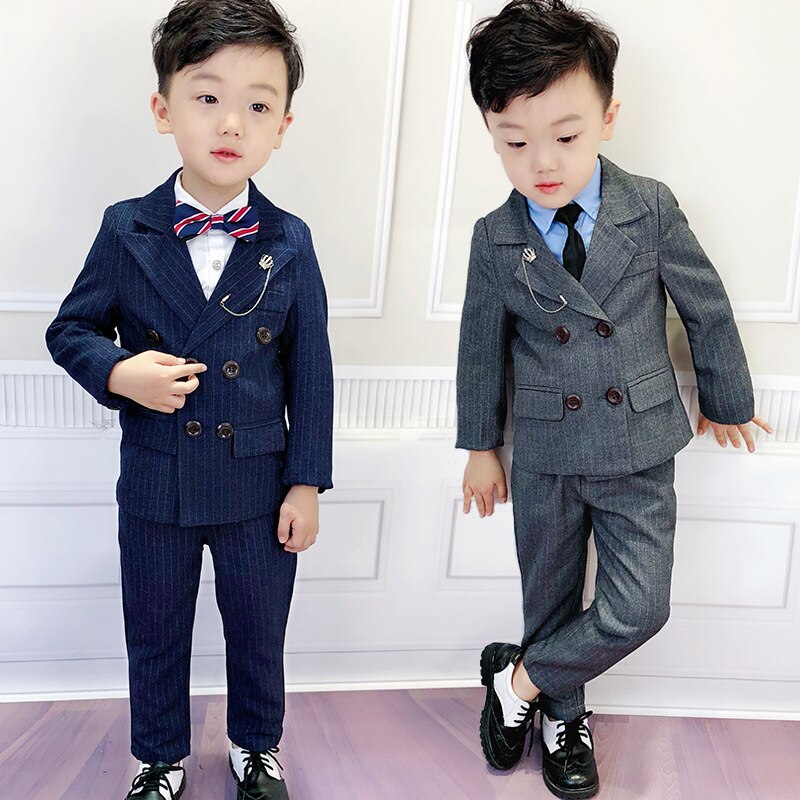 Børne & #39 ;s formelle dobbeltradede jakkesæt sæt blomsterdrenge stribede blazer bukser 2 stk outfits børn bryllup fest galla kostume