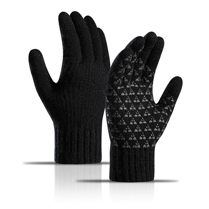 Guantes de punto para hombre, manoplas masculinas gruesas de lana, cálidas y sólidas, con pantalla táctil y dedos divididos, para deportes al aire libre, Otoño e Invierno: Black