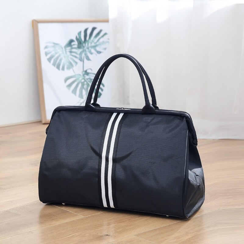 Kvinder overnight weekend fitness taske dame stribe yaga stor rejsetaske let herre foldbare udendørs tasker koreansk: Sort