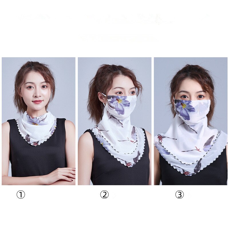 Frauen Chiffon Maske Schal Gesicht wickelt Blumen- drucken Dame Seide Hals Schals Foulard Bandana Sommer Sonne Masken Anti-staub schützen