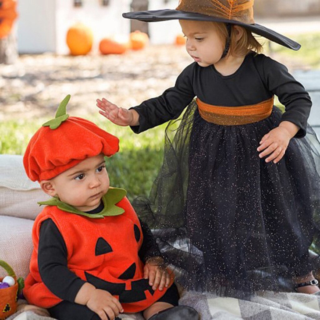 Enfant en bas âge Bébé Garçon Fille Citrouille Gilet Hauts Chapeau Halloween Costume Ensemble Spectacle Cool Детская Одежда #50
