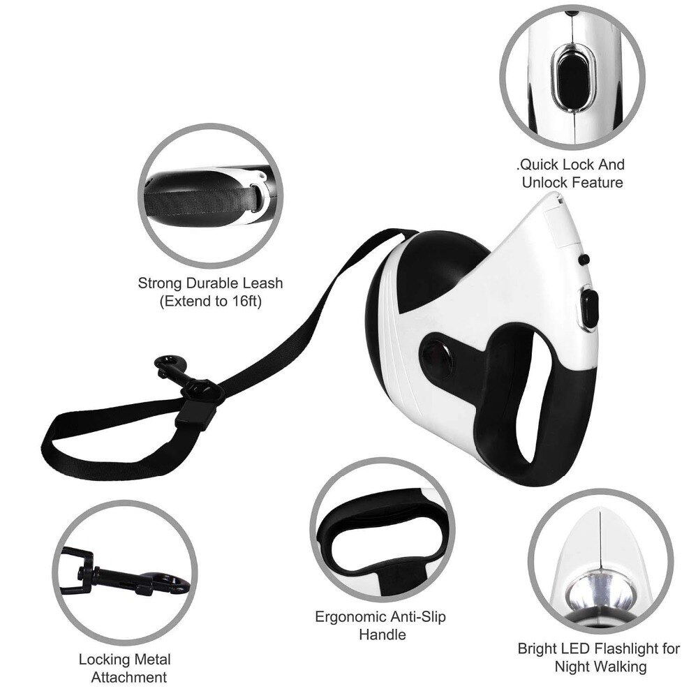 Retractable Dog Leash 16 Feet Heavy Duty Retractable Walking One-Handed Brake, Pause, Lock, Build-in LED Flashlight PL052