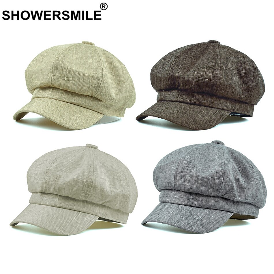 SHOWERSMILE kobiety modne czapki bawełniana pościel letnia czapka gazeciarza kobieta moda solidna czapka gazeciarza Gatsby piekarz chłopiec czapka czarny beżowy