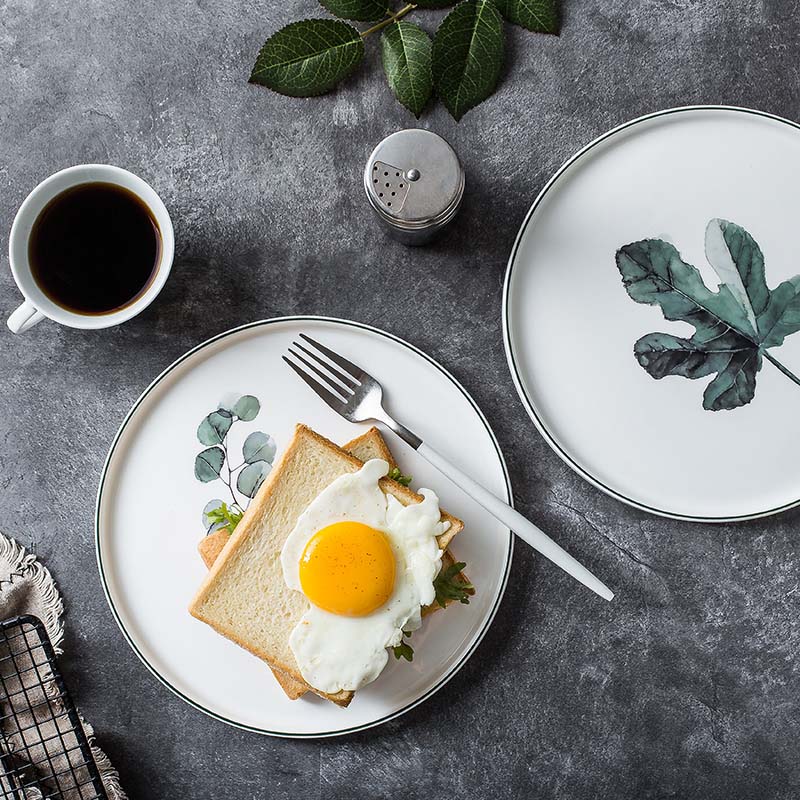 Scandinavian style underglaze Western food plate Simple floral pattern steak plate stackable dessert salad plate dish