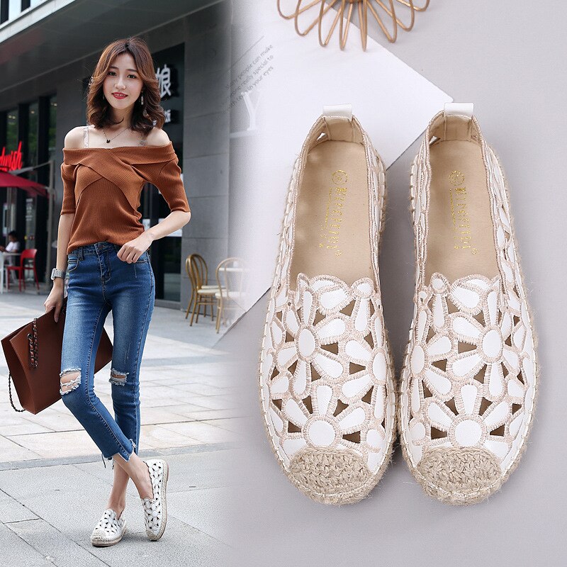 Holle bloem riet geweven vissersschoenen dames flats ondiepe naaien enkele schoenen herfst lui ademend instap antislip loafers