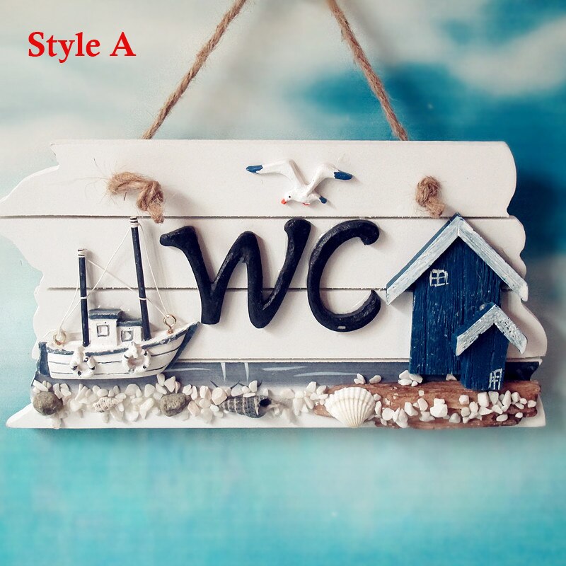 Mediterranean Style Bathroom WC Listing/Doorplate/Pure Solid Wood Home Decorations Toilet Wall Hanging Sign Ocean Style: Style A