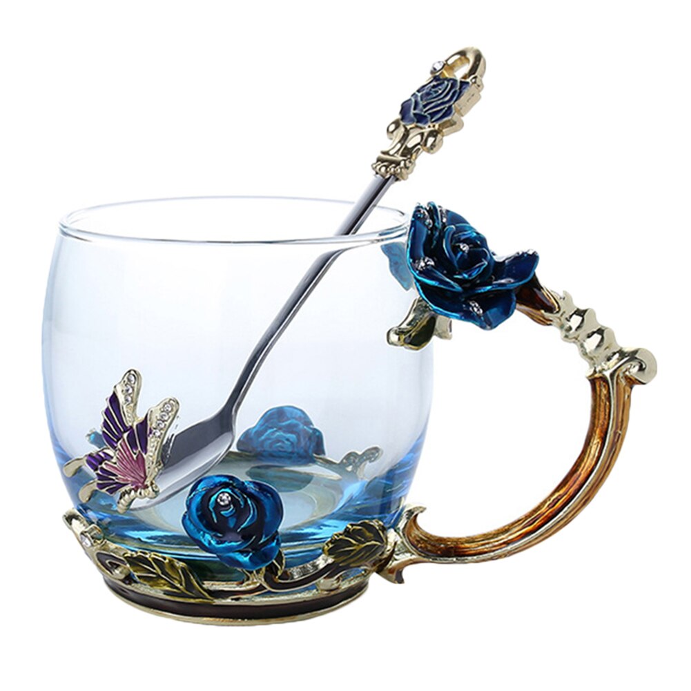 Emalje kaffe te kopp krus 3d rose sommerfugl glass kopper bryllup mjj 88: Blå kort med spoo