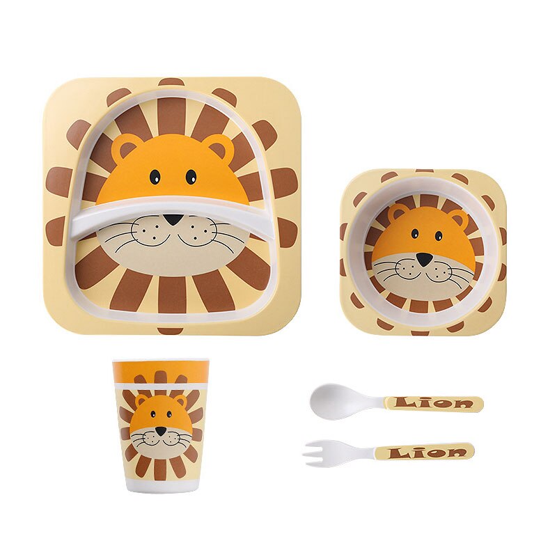 5pcs/set Animal Zoo Baby Plate Bow Cup Forks Dinnerware Feeding Set 100% Bamboo Fiber Baby Children Tableware Set: Little lion