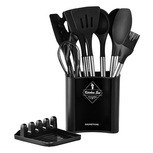 No utensilios de cocina antiadherentes de cocina espátula cuchara espátula sopa de silicona cucharillas accesorios de cocina piezas de utensilios de cocina herramienta de cocina conjunto: Black