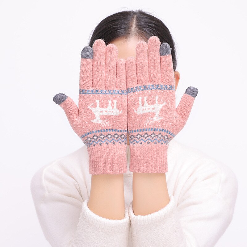 2018 kobiet Słodki łoś Jeleń płatek śniegu rękawiczki z dzianiny pełne palec zimowe rękawiczki z ekranem dotykowym rękawiczki na rękawiczki damskie Christmas prezent: różowy