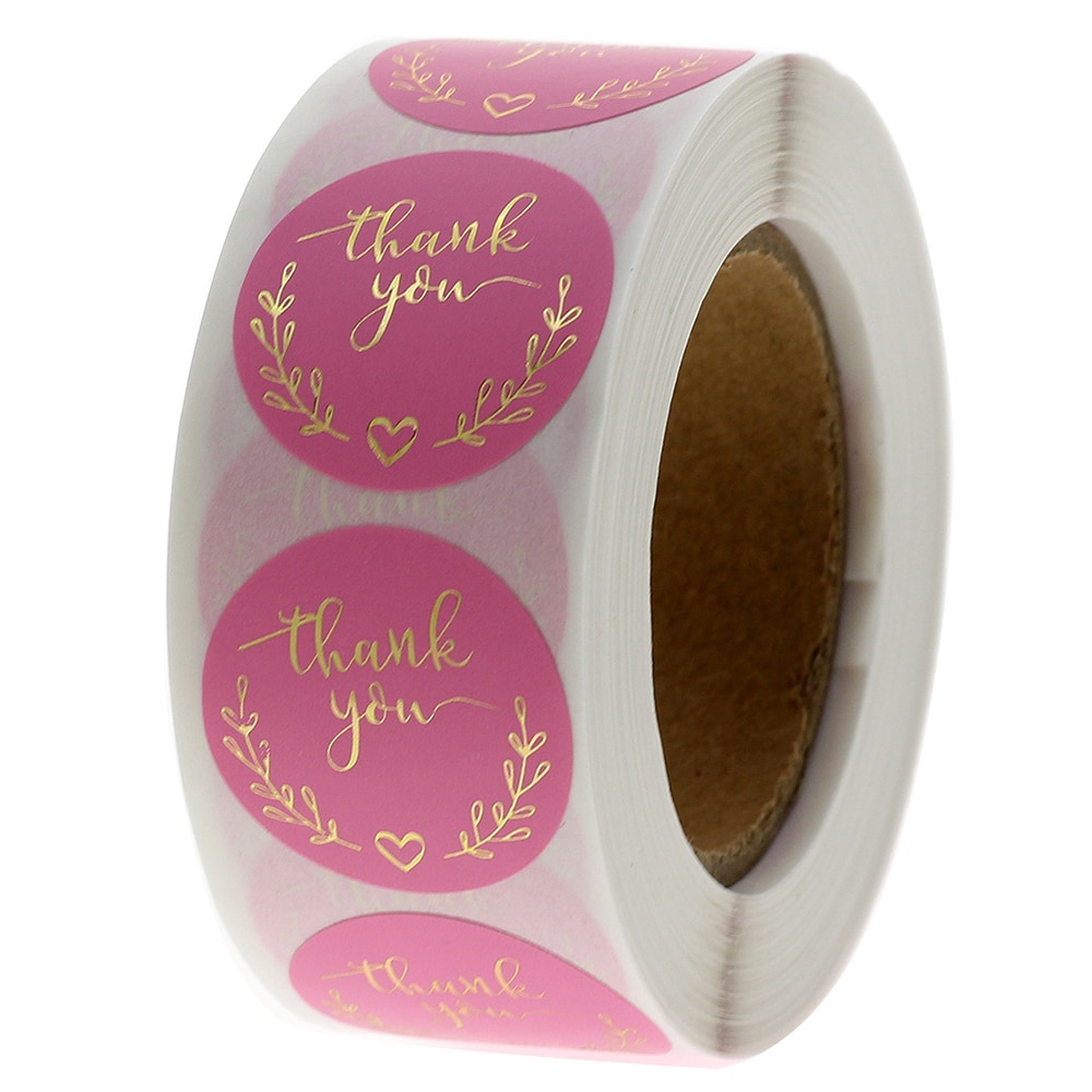 500Pcs/Roll Roze Dank U Stickers Roll Goud Folie Zelfklevend Label Voor Envelop Afdichting Bruidstaart Decoratie Kleine business