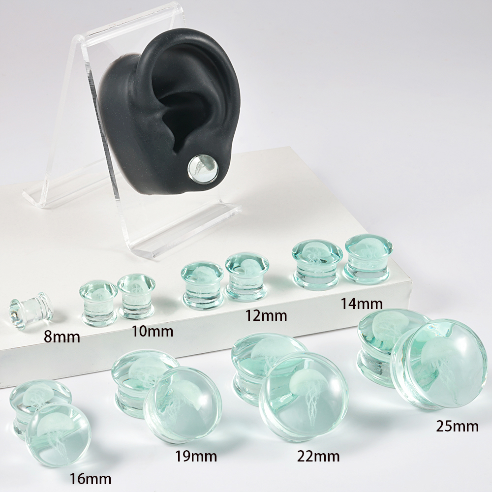 2Pcs Solid Glass Jellyfish Swirl Clear Oil Painting Vortex Ear Plugs Ear Tunnels Gauges Lobe Piercing Jewelry Women Men: Blue / Light Yellow Gold Color